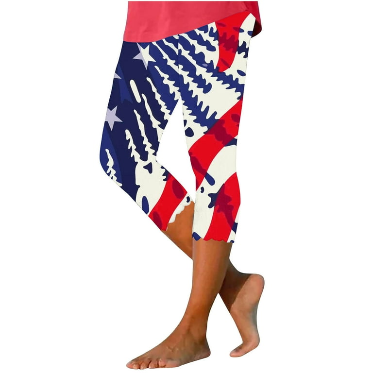 RQYYD 4th of July Capri Leggings for Women American Flag Leggings Patriotic Stripe Yoga Pants High Waist Stretchy Trousers