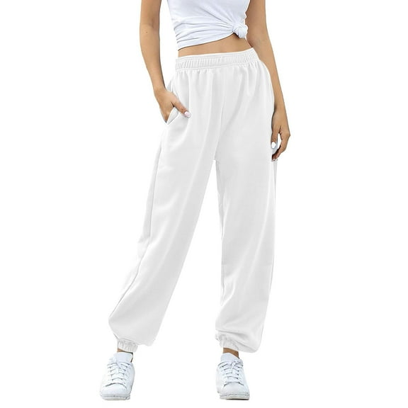 RQYYD Baggy Sweatpants for Women Casual Sweat Pants High Waist Workout Joggers Lounge Trousers with Pockets White S