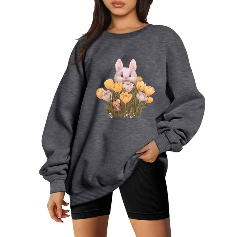 RQYYD Basic Rabbit Graphic Fleece Drop Shoulder Sweatshirt Oversized Crewneck Long Sleeve Pullover Jumper Top Vintage Flower Print Tops Dark Gray L
