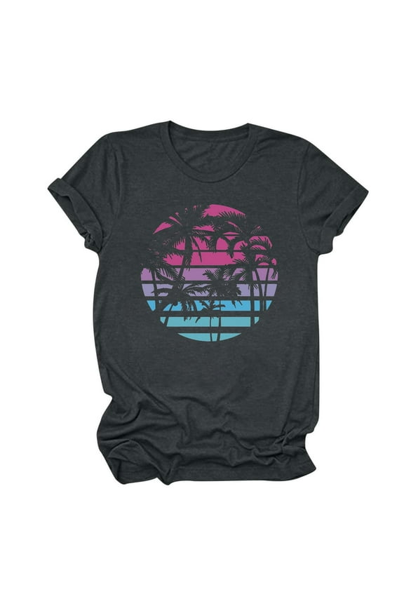 Beach Shirts for Women Hawaiian Graphic Short Sleeve Crewneck Tees Pullover Sunshine Summer Vacation Vintage Tshirt Tops