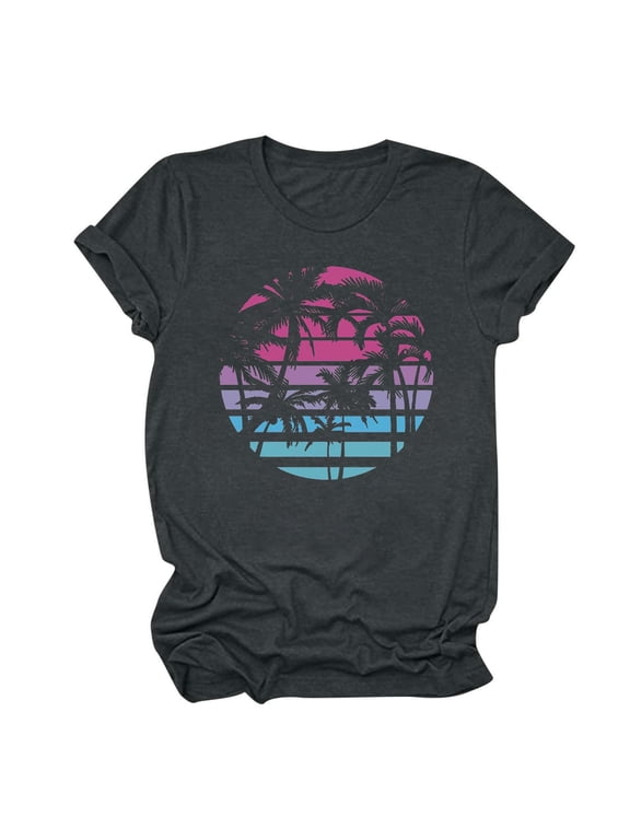 Beach Shirts for Women Hawaiian Graphic Short Sleeve Crewneck Tees Pullover Sunshine Summer Vacation Vintage Tshirt Tops