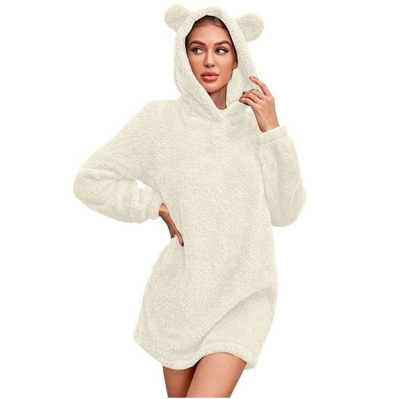 RQYYD Bear Ear Hoodie Women Long Sleeve Fuzzy Pullover Sweater Sherpa Fleece Hooded Sweatshirt Plush Cute Animal Hoodies