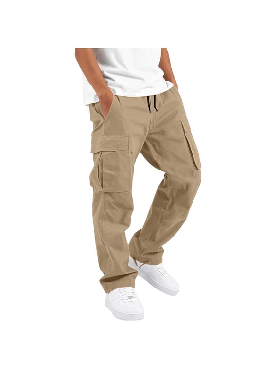 Boys Cargo Pants Baggy Pull on Uniform Pants Casual Drawstring Elastic Waisted Open Bottom Straight Leg Trousers with Pockets