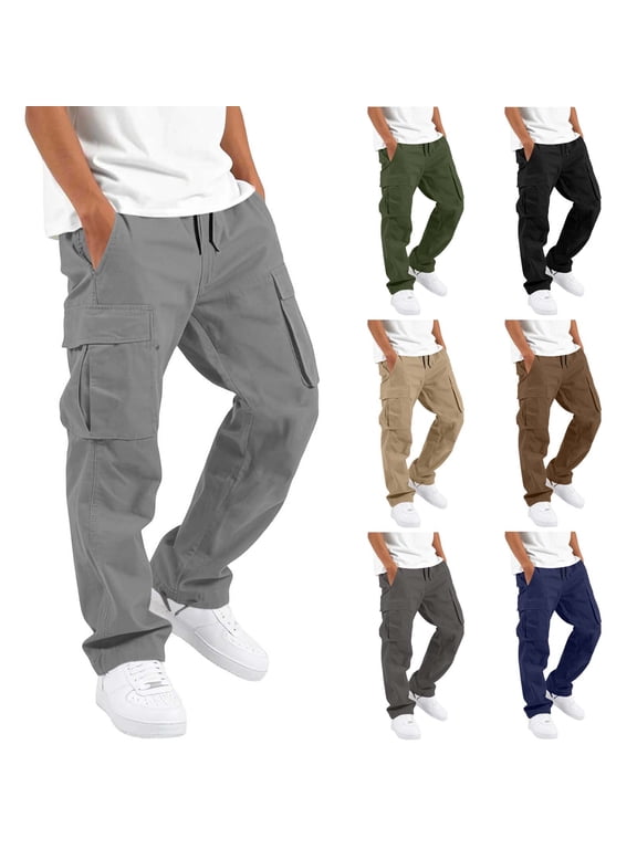 Boys Cargo Pants Baggy Pull on Uniform Pants Casual Drawstring Elastic Waisted Open Bottom Straight Leg Trousers with Pockets