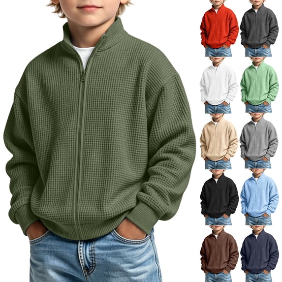RQYYD Boys Waffle Knit Full Zip Sweatshirt Jacket Long Sleeve Athletic Casual Fall Winter Tops