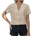thumbnail image 1 of RQYYD Business Casual Tops for Women 2023 Summer Button Down Shirts Scallop Trim V Neck Short Sleeve Blouse Casual Dressy Tunic Tee(Beige,L), 1 of 8
