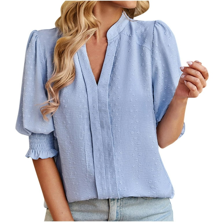 RQYYD Business Casual Tops for Women Notch V Neck Puff Short Sleeve Swiss  Dot Blouse with Smocked Cuff Summer Elegant Work T Shirts(Blue,L)