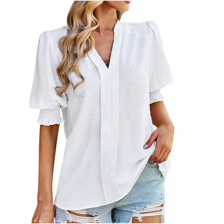 RQYYD Business Casual Tops for Women Notch V Neck Puff Short Sleeve Swiss  Dot Blouse with Smocked Cuff Summer Elegant Work T Shirts(White,S)