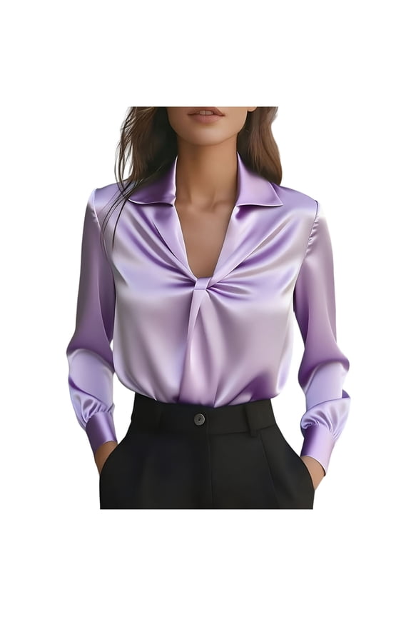 Business Casual Tops for Women Satin Silk Blouse Collared V Neck Long Sleeve Work Shirts Dressy Tops Fall Clothes