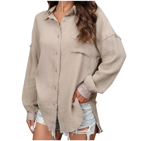 RQYYD Button Down Shirts for Women Lapel V Neck Long Sleeve Drop Shoulder Shirt Fall Winter Blouse Top Plain Tees with Pocket Khaki XL