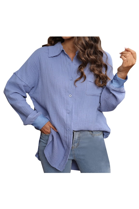 Button Down Shirts for Women Lapel V Neck Long Sleeve Drop Shoulder Shirt Fall Winter Blouse Top Plain Tees with Pocket Light Blue XL