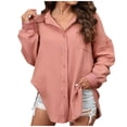 thumbnail image 1 of RQYYD Button Down Shirts for Women Lapel V Neck Long Sleeve Drop Shoulder Shirt Fall Winter Blouse Top Plain Tees with Pocket Pink M, 1 of 8