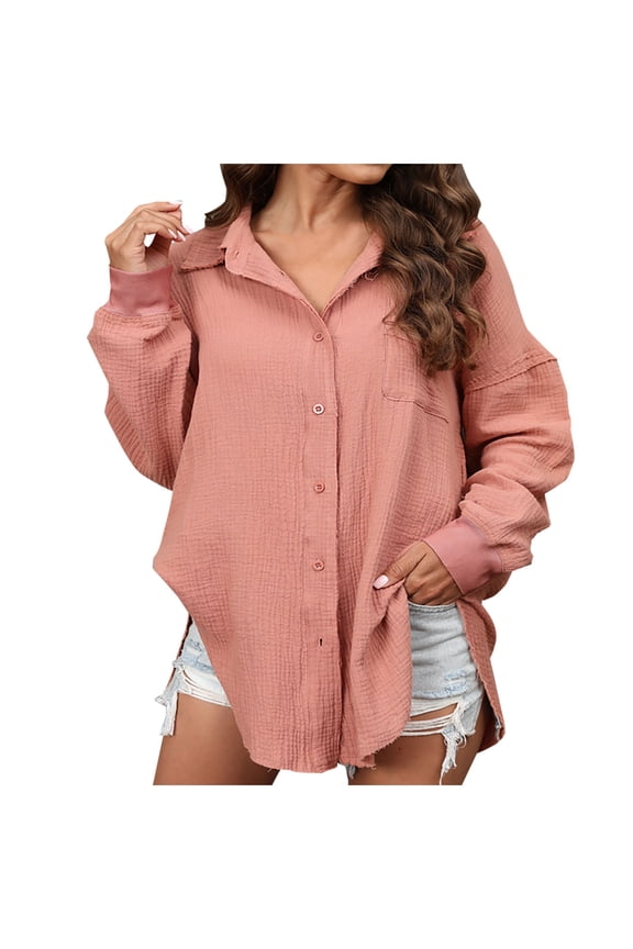 Button Down Shirts for Women Lapel V Neck Long Sleeve Drop Shoulder Shirt Fall Winter Blouse Top Plain Tees with Pocket Pink S