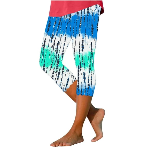 RQYYD Capri Leggings for Women Tummy Control Knee Length Yoga Pants 2024 Summer Casual Tie Dye Print Comfy Capris Pants