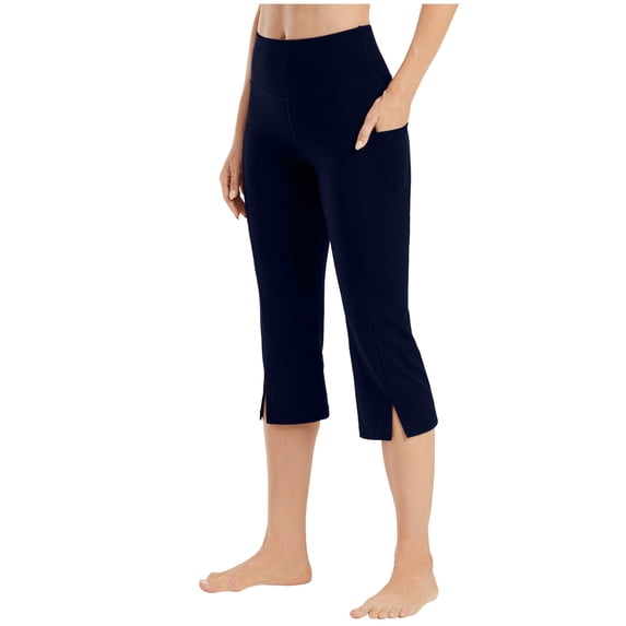 RQYYD Capri Pants for Women Bootcut Yoga Pants with Pockets High Waisted Flare Leggings Casual Work Pants Navy L