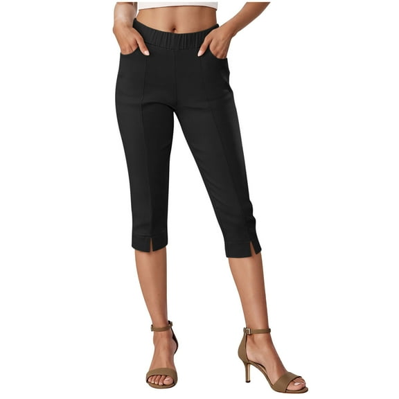 RQYYD Capri Pants for Women High Waisted Pull On Elastic Waist Dressy Casual Stretchy Capris Trousers Pants Pockets Black M