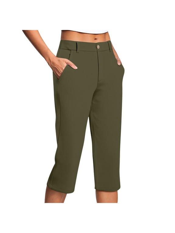 Capri Pants for Women Stretch High Waisted Crop Office Work Pants Summer Casual Capris Slacks Yoga Dress Pant for Women Army Green S