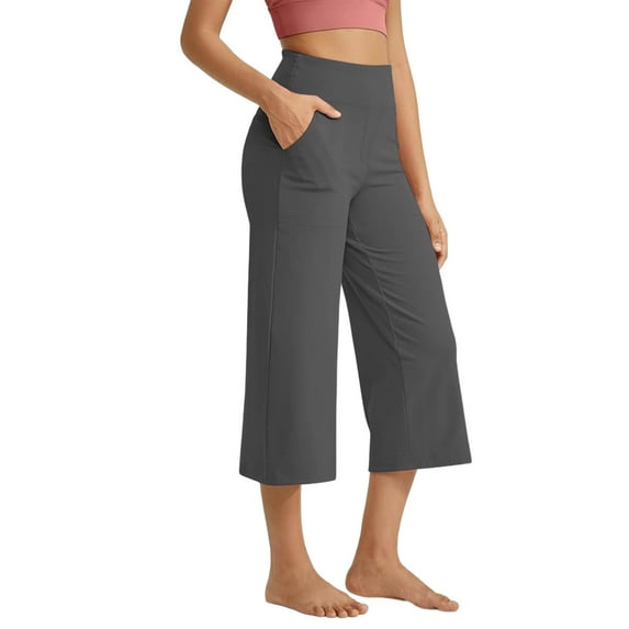 RQYYD Capris Pants for Women Yoga Capri Leggings with Pockets Loose High Waist Crop Workout Pants Wide Leg Casual Summer Dark Gray XXL
