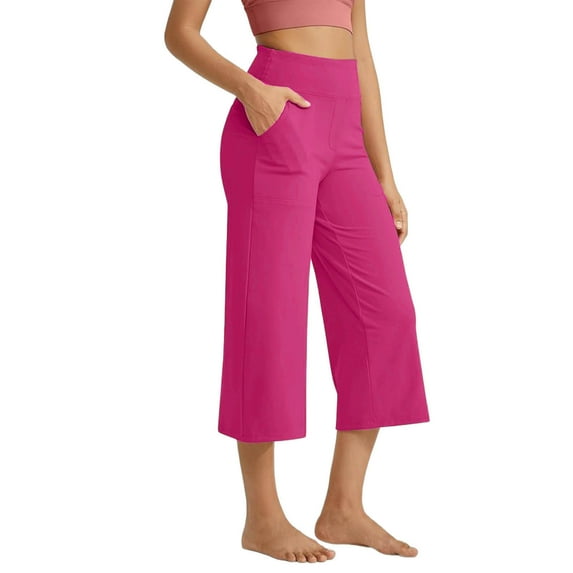 RQYYD Capris Pants for Women Yoga Capri Leggings with Pockets Loose High Waist Crop Workout Pants Wide Leg Casual Summer Hot Pink M