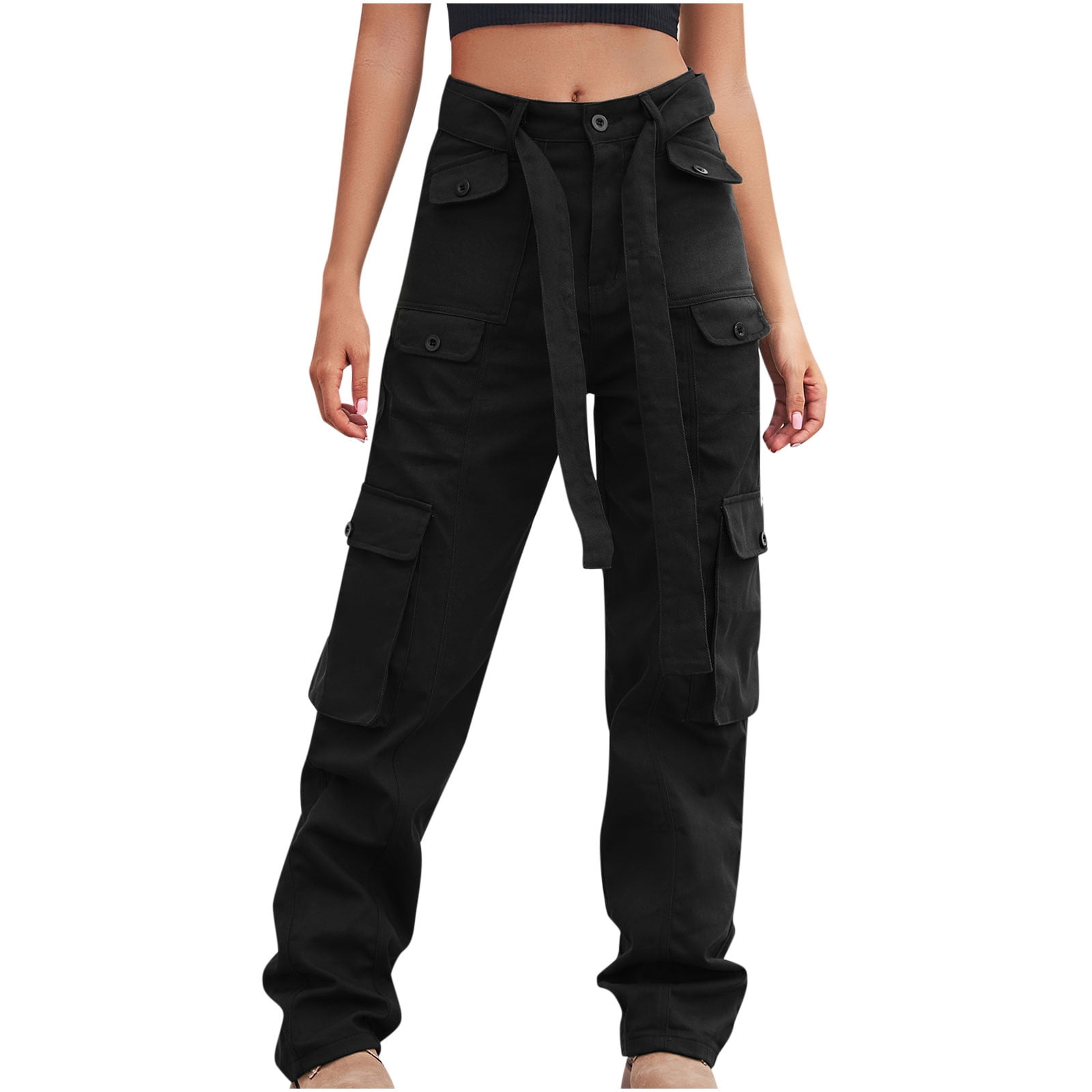 RQYYD Cargo Pants Women Casual Loose High Waisted Straight Leg Baggy Pants  Trousers Lightweight Outdoor Travel Pants with Pockets(Black,M) 