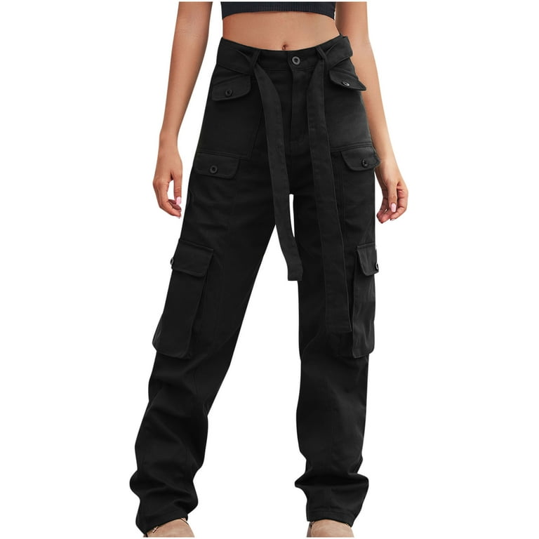 RQYYD Cargo Pants Women Casual Loose High Waisted Straight Leg Baggy Pants  Trousers Lightweight Outdoor Travel Pants with Pockets(Black,XXL) 