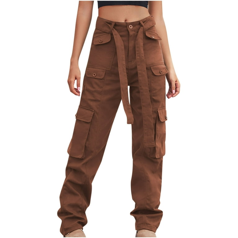 RQYYD Cargo Pants Women Casual Loose High Waisted Straight Leg Baggy Pants  Trousers Lightweight Outdoor Travel Pants with Pockets(Brown,M) 