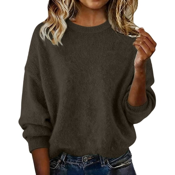 RQYYD Sweaters for Women Round Neck Wool Long Sleeve Pullover Tops Warm Lightweight Winter Cozy Knitted Sweater