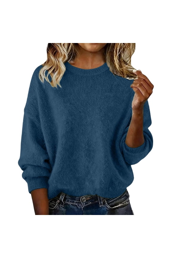 Sweaters for Women Round Neck Wool Long Sleeve Pullover Tops Warm Lightweight Winter Cozy Knitted Sweater