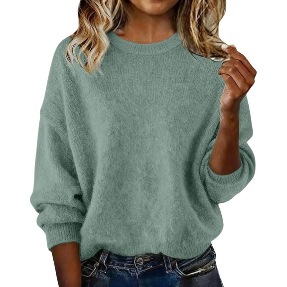 RQYYD Sweaters for Women Round Neck Wool Long Sleeve Pullover Tops Warm Lightweight Winter Cozy Knitted Sweater