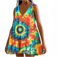 thumbnail image 1 of RQYYD Casual Dresses for Women 2024 Ruffle v Neck Loose Fit Knee Length Dresses Solid Color/Tie Dye Short Sleeve Ruched Mini Dresses, 1 of 6