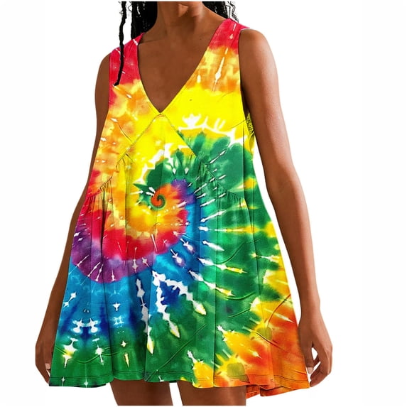 RQYYD Casual Dresses for Women 2024 Ruffle v Neck Loose Fit Knee Length Dresses Solid Color/Tie Dye Short Sleeve Ruched Mini Dresses
