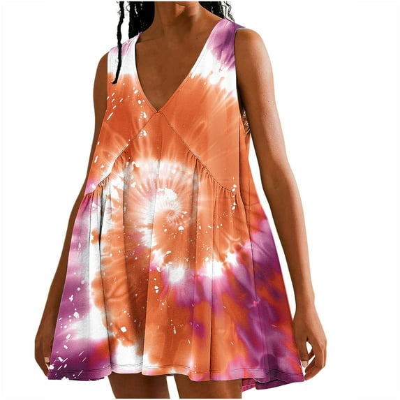 RQYYD Casual Dresses for Women 2024 Ruffle v Neck Loose Fit Knee Length Dresses Solid Color/Tie Dye Short Sleeve Ruched Mini Dresses