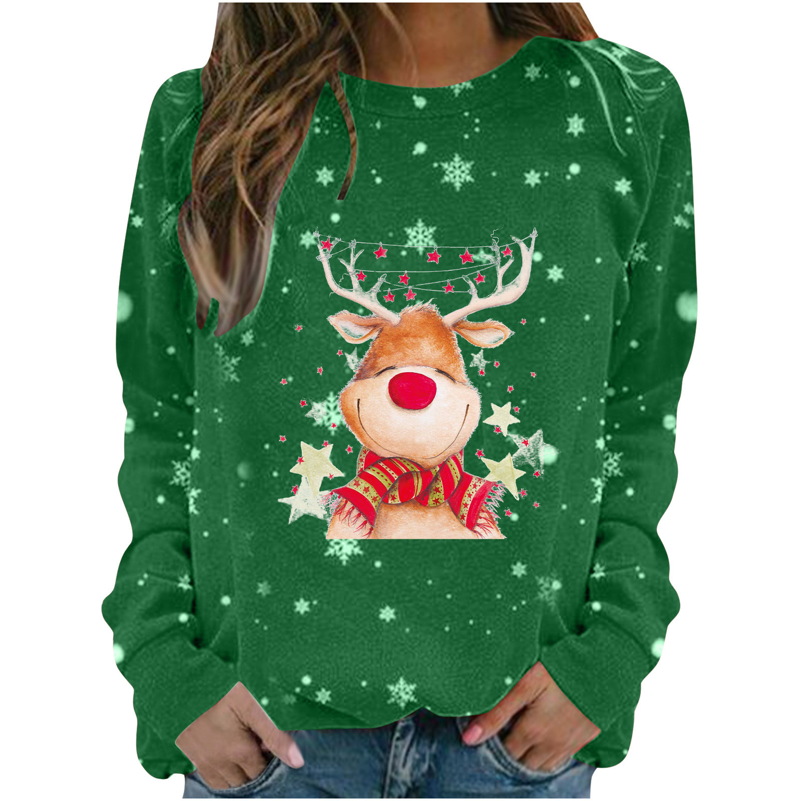 RQYYD Christmas Sweater for Women Funny Cute Reindeer Print Loose Long