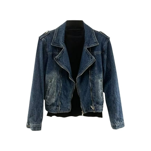 RQYYD Classic Lapel Collar Denim Jacket for Men Casual Solid Long Sleeve Zip Up Coat Loose Fit Going Out Clothes