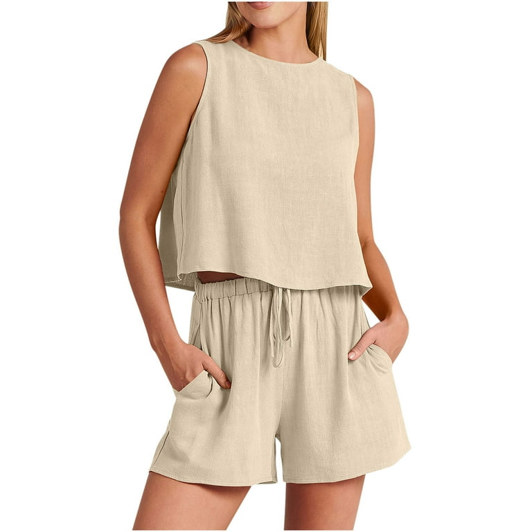 RQYYD Clearance 2 Piece Cotton and Linen Outfits for Women Lounge Shorts  Sets Sleeveless Crop Tank Top and Elastic Waisted Shorts with Pockets Beige  XXL 
