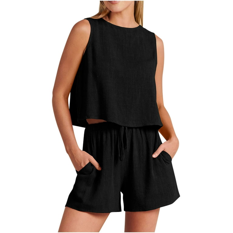 RQYYD Clearance 2 Piece Cotton and Linen Outfits for Women Lounge Shorts  Sets Sleeveless Crop Tank Top and Elastic Waisted Shorts with Pockets Black  M