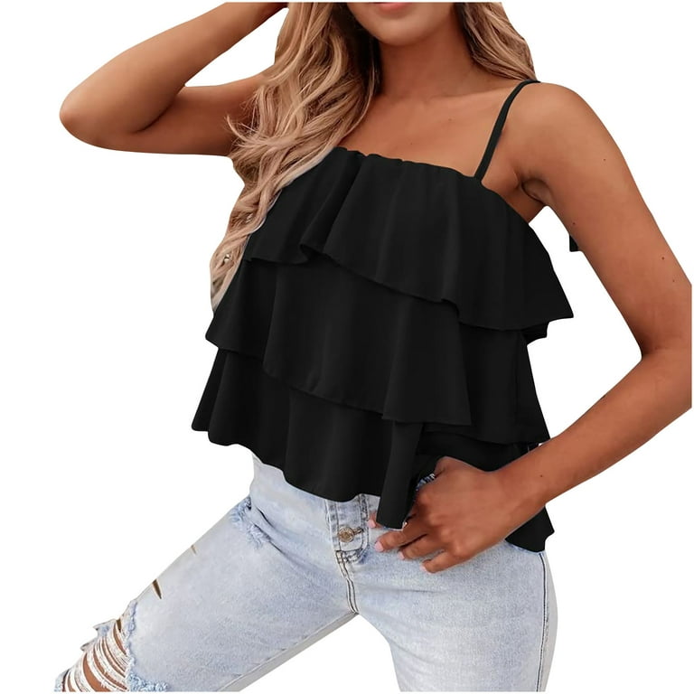 RQYYD Clearance 2023 Women's Summer Spaghetti Strap Cami Tank Tops Layered  Ruffle Tie Shoulder Flowy Camisole Casual Sleeveless Shirts(Black,S)