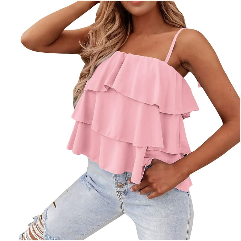 RQYYD Clearance 2023 Women's Summer Spaghetti Strap Cami Tank Tops Layered  Ruffle Tie Shoulder Flowy Camisole Casual Sleeveless Shirts(Pink,M) 