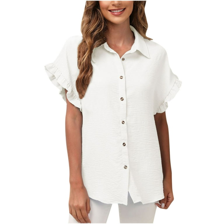 RQYYD Clearance Button Down Shirts for Women Ruffle Short Sleeve Summer  Tops Dressy Casual Lapel Work Blouses Cute Solid Comfy Soft T  Shirt(White,L) 
