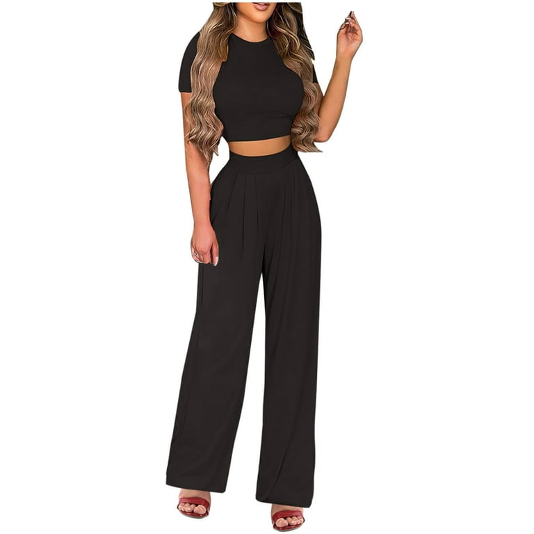 RQYYD Clearance Casual Summer 2 Piece Outfits for Women Short Sleeve Crop  Top High Waist Wide Leg Pants Sets Floral Pleated Plus Size Lounge Set  Black XXL 