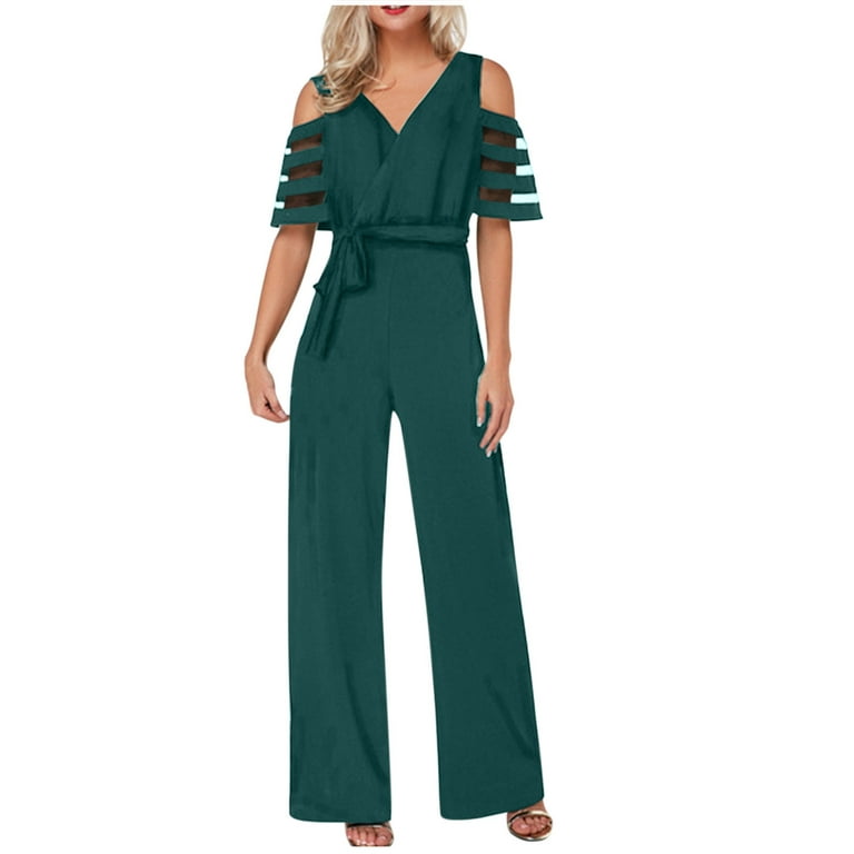 RQYYD Clearance Cold Shoulder Jumpsuit for Women Mesh Short Sleeve Casual V  Neck Wide Leg Belted Formal Rompers Solid Wrap Long Playsuit(Army Green,S)  