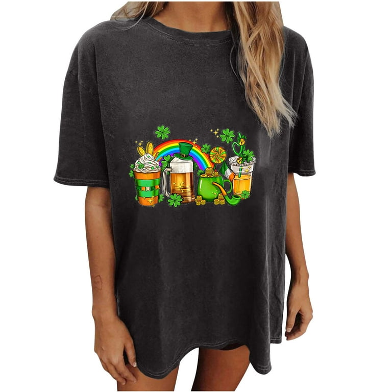 RQYYD Clearance Funny Graphic T-Shirt for Women St Patrick's Day Oversized  Drop Shoulder Short Sleeve Shirt Y2k Streetwear Summer Tops(3#Dark Gray,XL)  