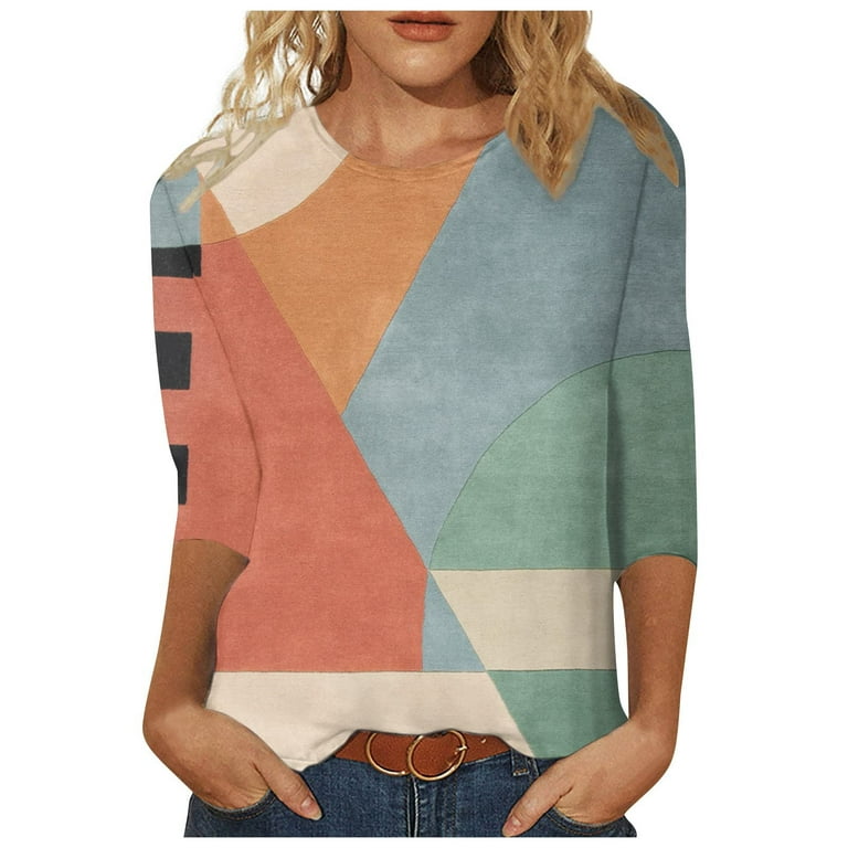 RQYYD Clearance Geometric Graphic Tops for Women 3/4 Sleeve