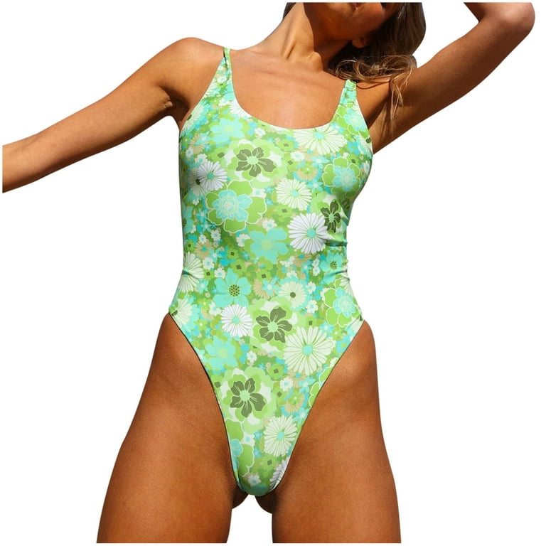 RQYYD Clearance One Piece Swimsuit for Women Bathing Suit High Cut Deep V  Neck Low Back Floral Tummy Control Swimwear(Green,S) 