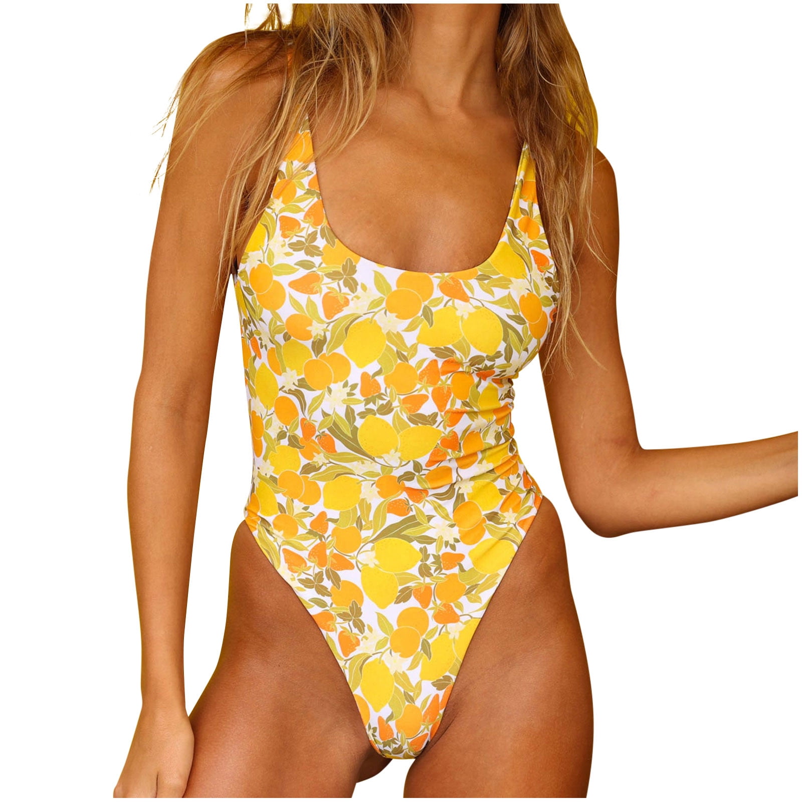 RQYYD Clearance One Piece Swimsuit for Women Bathing Suit High Cut Deep V  Neck Low Back Floral Tummy Control Swimwear(Yellow,L)