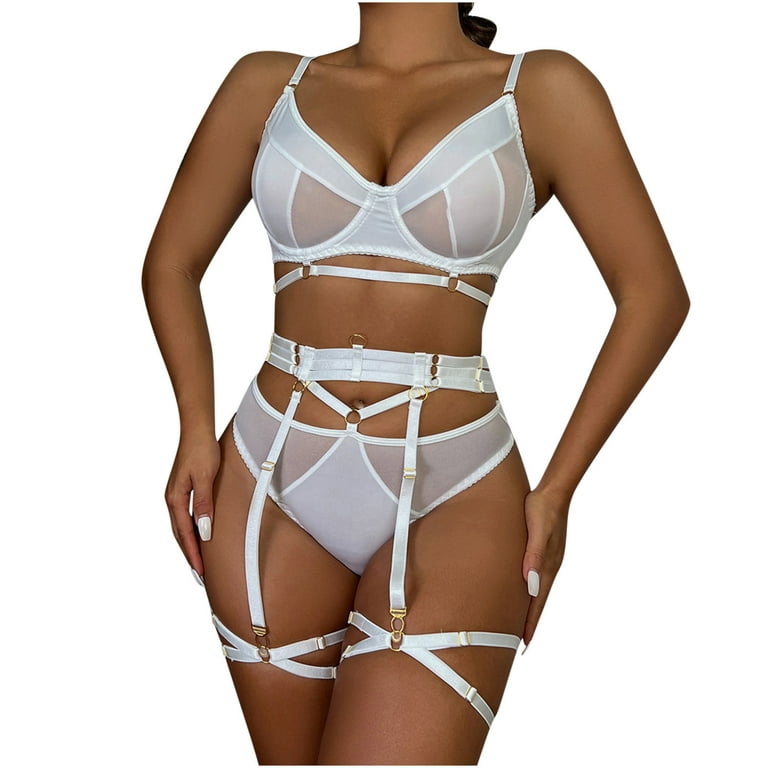 RQYYD Clearance Sexy Lingerie Set for Women with Underwire Strappy Lingerie  Push Up 3 Piece Lingerie Set with Garter(White,L) 