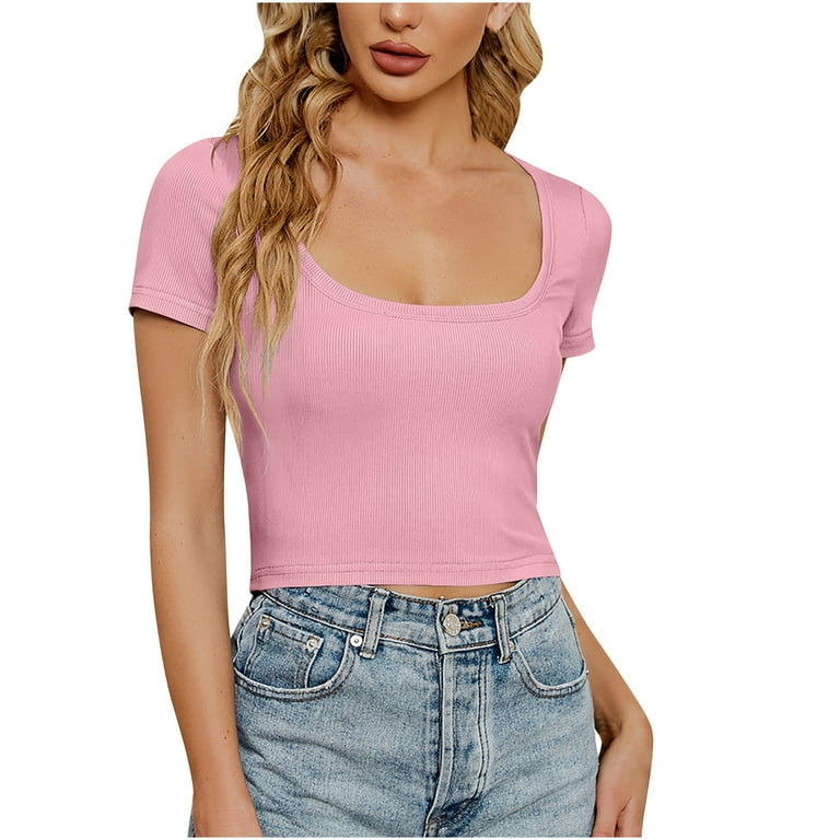 RQYYD Clearance Short Sleeve Crop Tops for Women Summer Ribbed Going Out Slim Fit Tee Shirt Casual Basic Scoop Neck Cropped Top Pink M