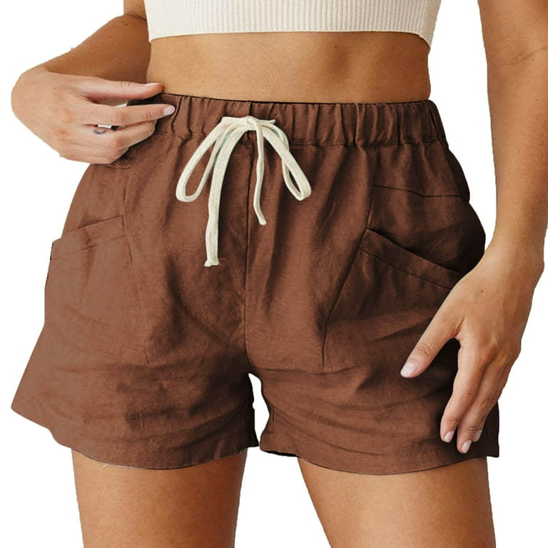 RQYYD Clearance Shorts for Women Cotton Linen Lounge Pants Elastic High  Waist Drawstring Loose Fit Casual Short Pants with Pockets Brown L 