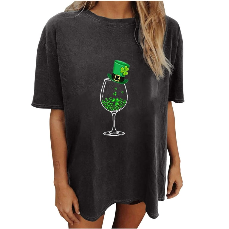RQYYD Clearance St Patrick's Day T-Shirt for Women Oversized Drop Shoulder  Short Sleeve Shirt Y2k Streetwear Vintage Cute Loose Fit Funny Graphic  Tops(3#Dark Gray,L) 