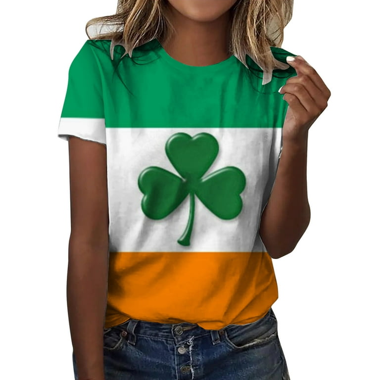 RQYYD Clearance St. Patricks Day T-Shirt Women Casual Shirt Shamrock  Graphic Tees Green Clover Short Sleeve Crewneck Tops(3#Orange,S) 